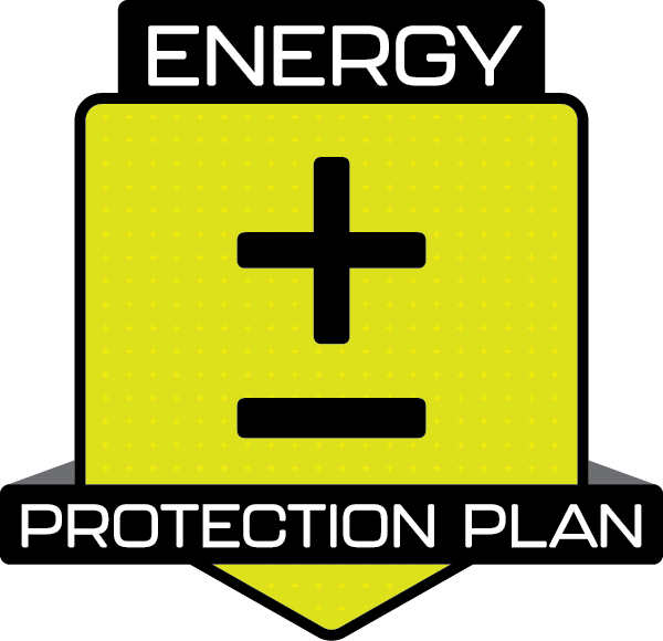 A yellow shield with the words "ENERGY PROTECTION PLAN" and a symbol showing a plus sign above a minus sign.