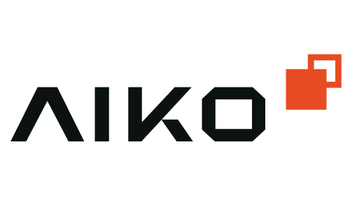 The image shows the AIKO logo with black stylized letters and two overlapping orange squares in the upper right corner.