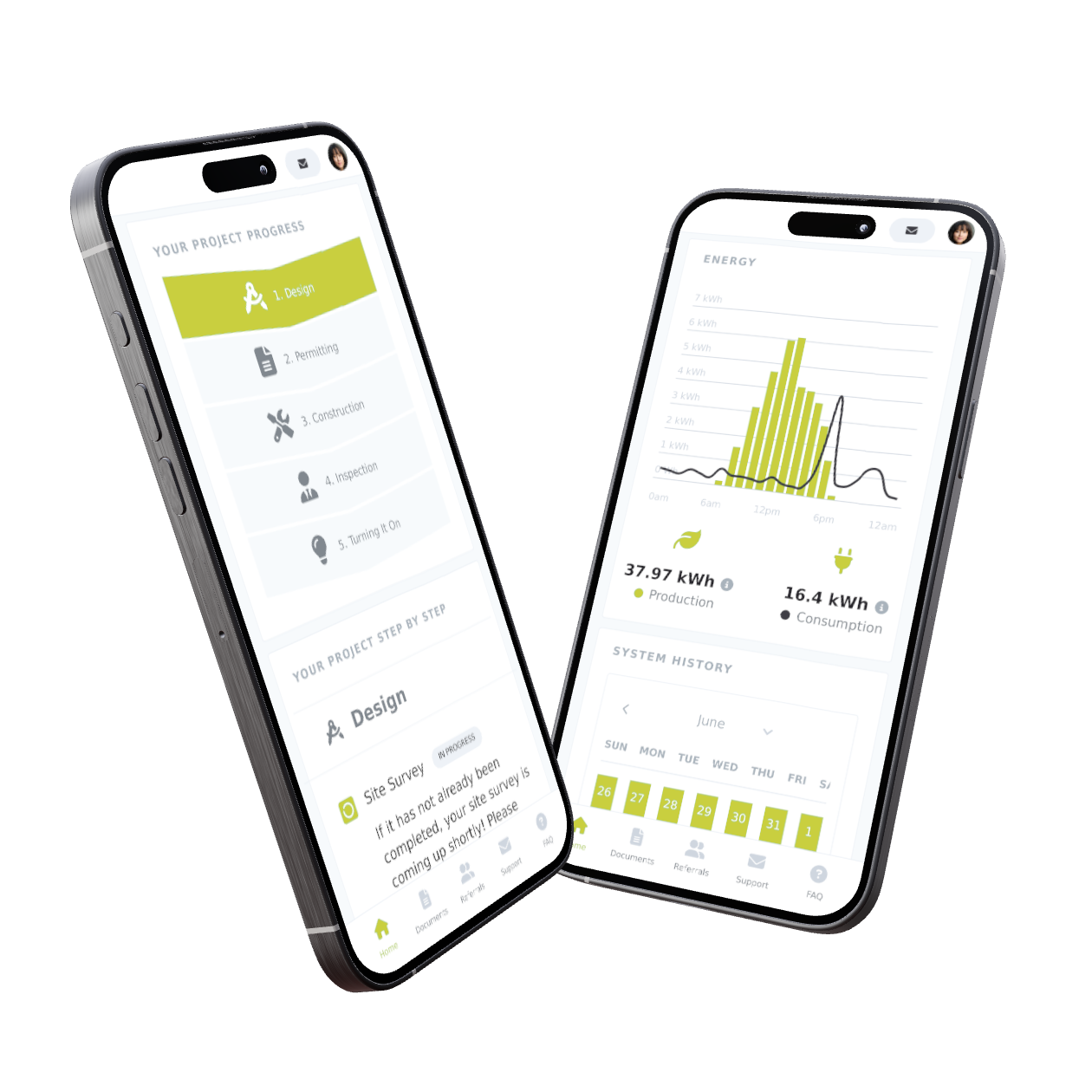 Two smartphones displaying a project management and energy monitoring app interface with charts and progress steps on white background.