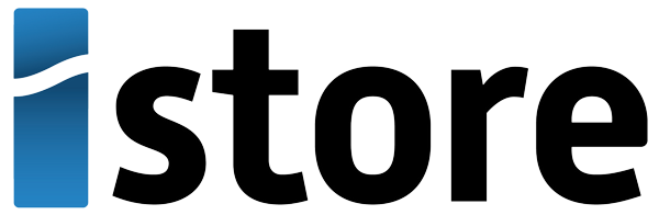 Logo with a blue stylized "i" followed by the word "store" in bold black letters on a white background.