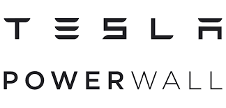 The image displays the Tesla logo above the word "Powerwall," representing Tesla's home battery energy storage product.
